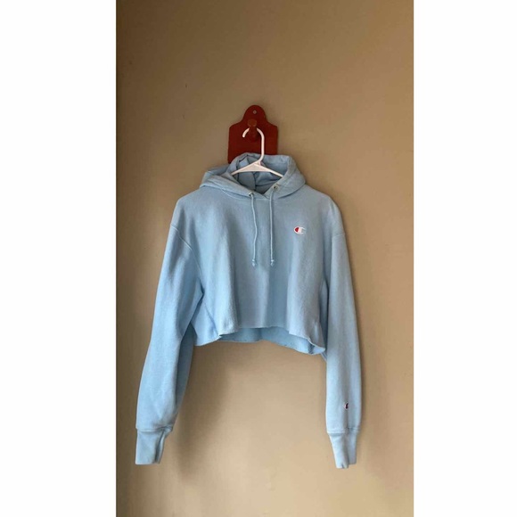Champion Blue Cropped Drawstring Hoodie M - Picture 1 of 5